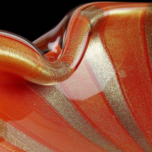 Mid 20th Century Vintage Murano Barbini Persimmon Orange Gold Flecks Copper Aventurine Stripes Italian Art Glass Large Bowl For Sale - Image 5 of 5
