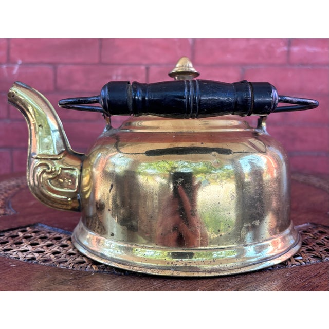 Wood Vintage Solid Brass Tea Kettle With Wood Grip For Sale - Image 7 of 8