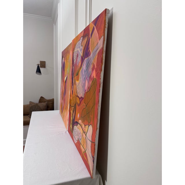 Vintage Contemporary Abstract Expressionism Diptych Original Oil Paintings, a Pair, Magenta, Orange & Plum For Sale In Houston - Image 6 of 18