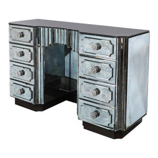 Art Deco Smoked Beveled Mirrored Vanity With Silvered Bronze Pulls For Sale