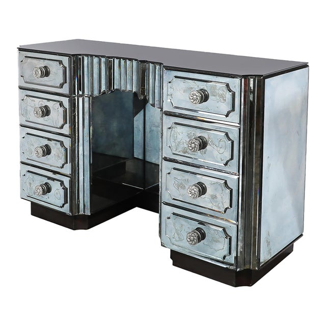 Art Deco Smoked Beveled Mirrored Vanity With Silvered Bronze Pulls For Sale