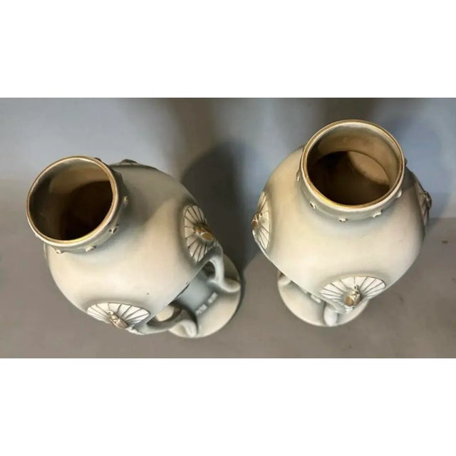 Celadon Antique Art Nouveau Amphora Style Art Pottery Buttress Vases- Set of 2 For Sale - Image 8 of 12