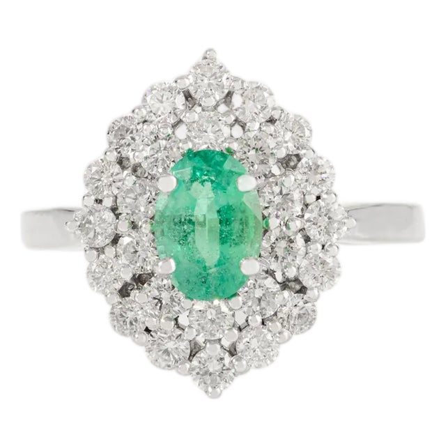 Victorian Princess Style Cluster Diamonds & Emerald 14k Gold Ring Size 6.5 For Sale