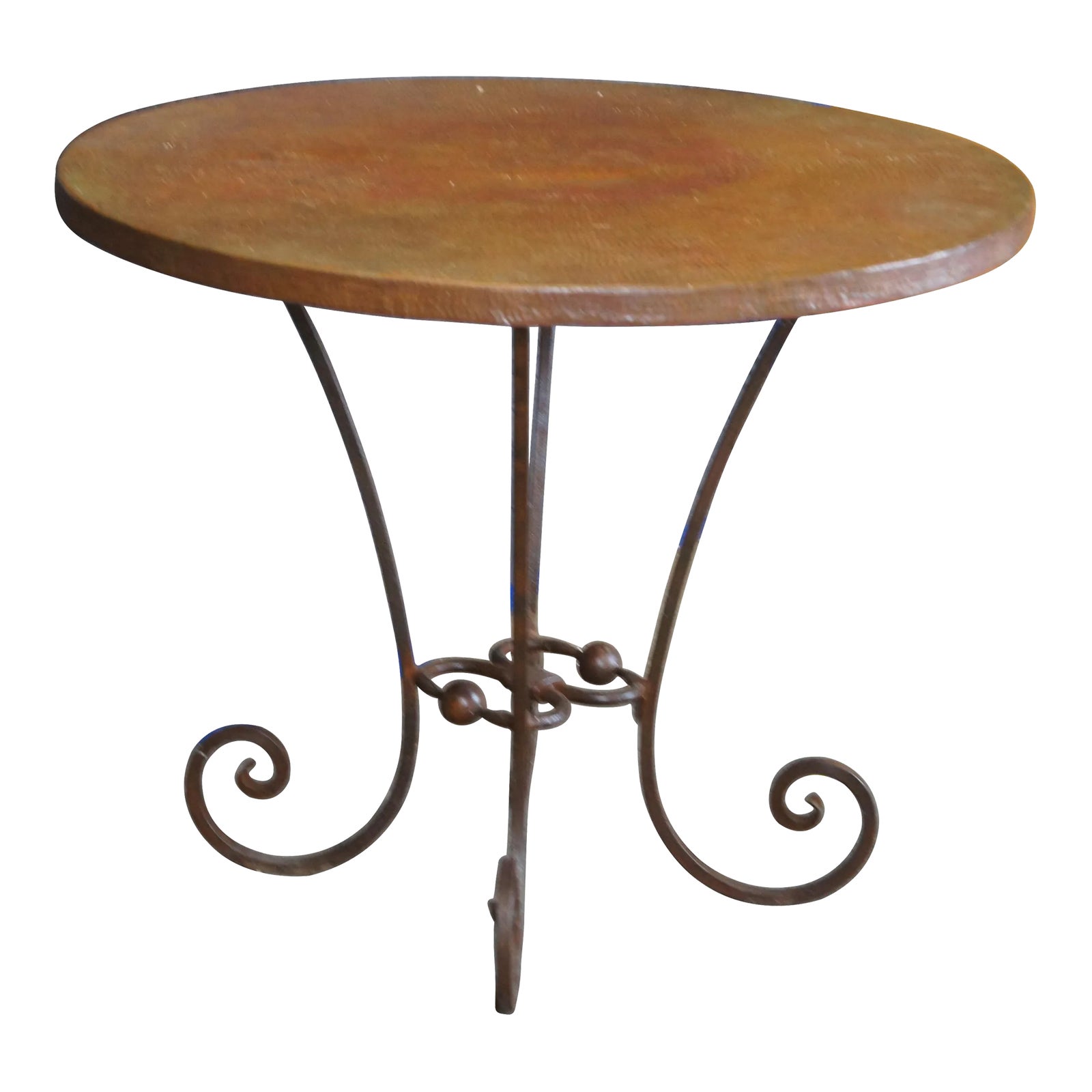 Vintage Pakistan Hammered Copper Wrought Iron Pedestal Side Table Stand