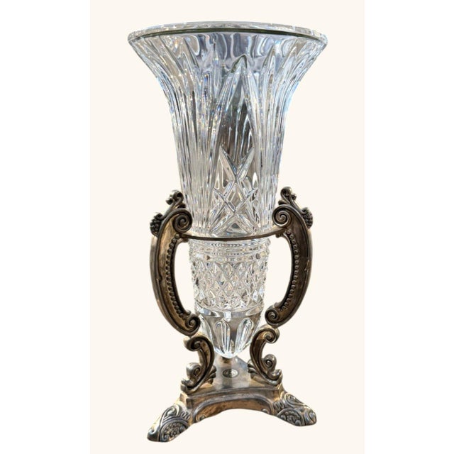 Vintage Godinger Silver Art Co. Cut Crystal Vases with Ornate Silver-Plated Stands – Pair Elegant matched pair of vintage...