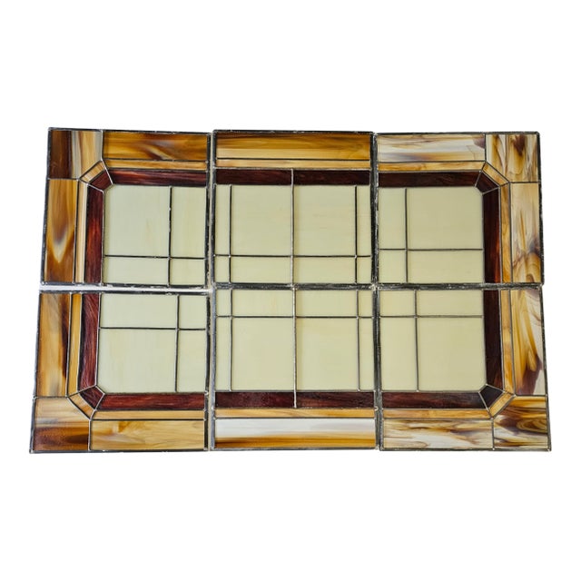 Vintage 1940s Slag Glass Panel – Geometric Mosaic Window, 6 Sections For Sale