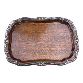 Vintage Mid 20th Century Scalloped Mahogany Tray Silver Scrolled Border For Sale