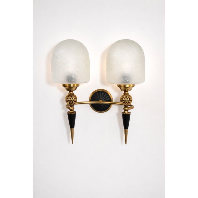 Black Mid-Century Brass and Glass Wall Lamp, 1950s For Sale - Image 8 of 8