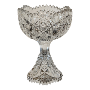 Antique Imperial Glass Nucut Footed Compote in Clear Pressed Glass With Sawtooth Rim