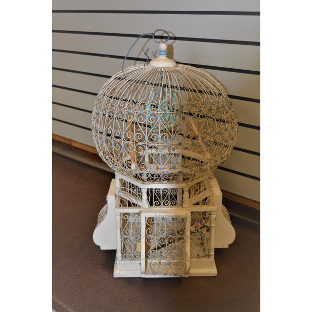 Vintage 1960s Dome Top Balloon Birdcage Cream Blue Wire / Metal & Wood Tunisian Moroccan For Sale - Image 13 of 13