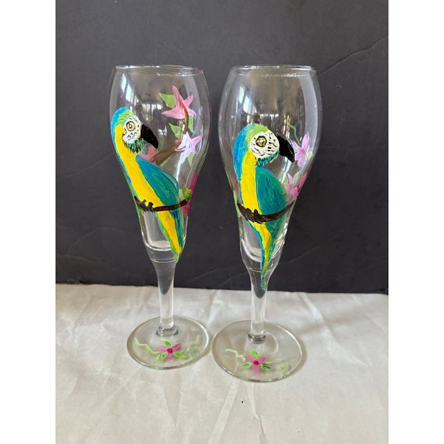 Vintage Hand-Painted Tropical Parrot & Floral Champagne Flutes - Pair For Sale - Image 4 of 9