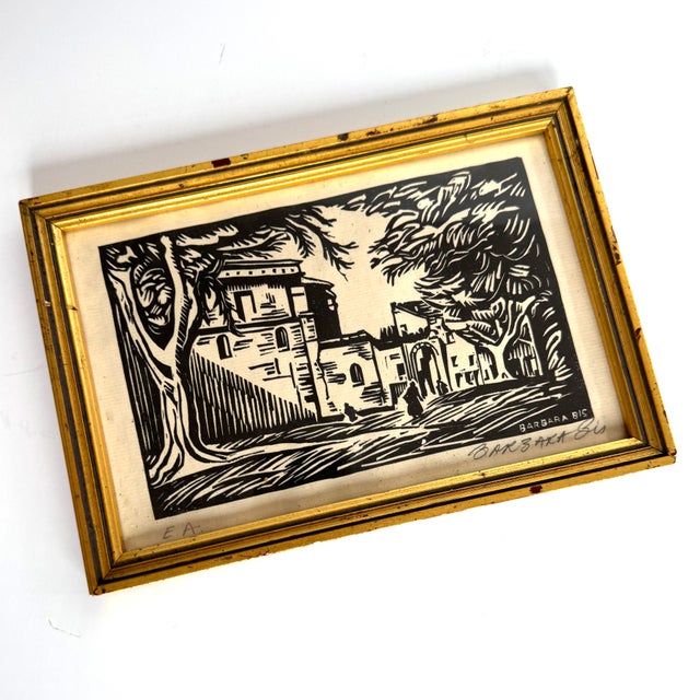 A lovely framed woodcut by mid-century French artist, Barbara Bis.