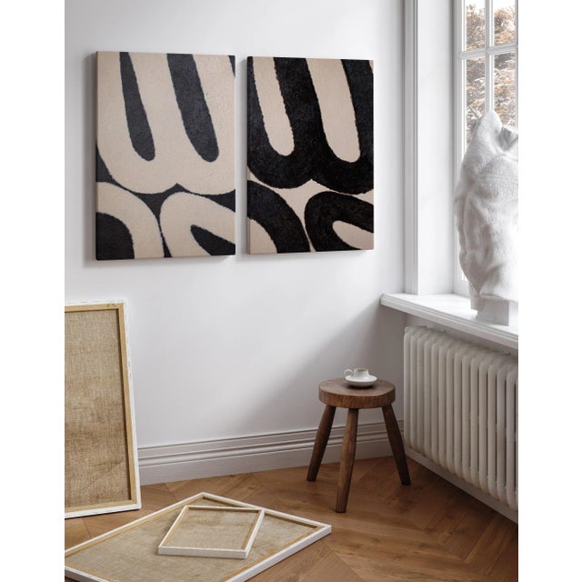 Pair of Original Abstract Paintings on Canvas in Black and White/Beige For Sale - Image 4 of 8