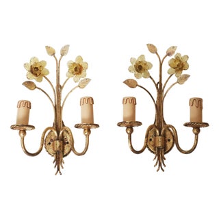Golden Wall Lamps with Daffodil Flowers Made of Murano Glass, 1960s, Set of 2 For Sale