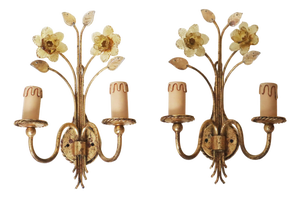 Golden Wall Lamps with Daffodil Flowers Made of Murano Glass, 1960s, Set of 2