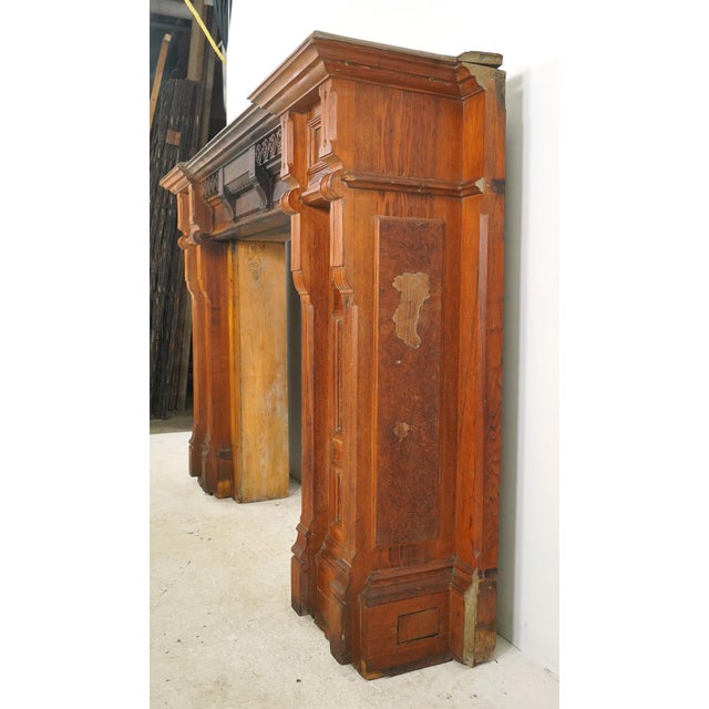 Antique Victorian Burl Veneer Paneled Oak Fireplace Mantel For Sale - Image 11 of 16