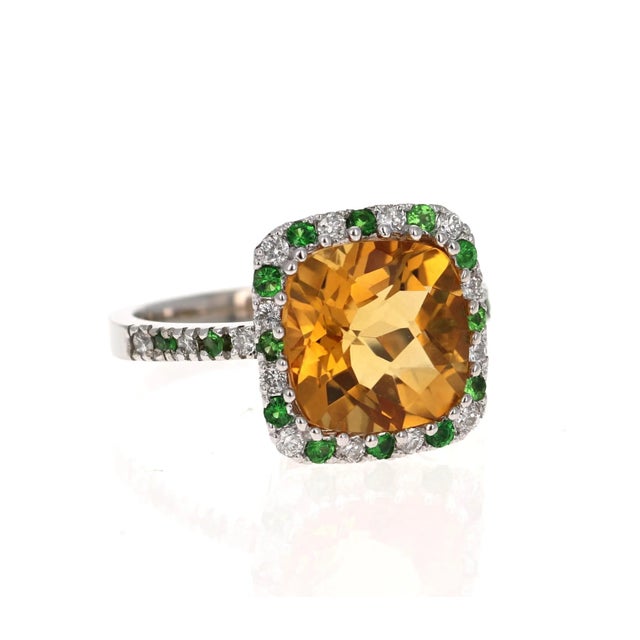 Contemporary 4.82 Carat Cushion Cut Citrine Quartz Tsavorite Diamond 14 Karat White Gold Ring Size 7 For Sale - Image 3 of 8