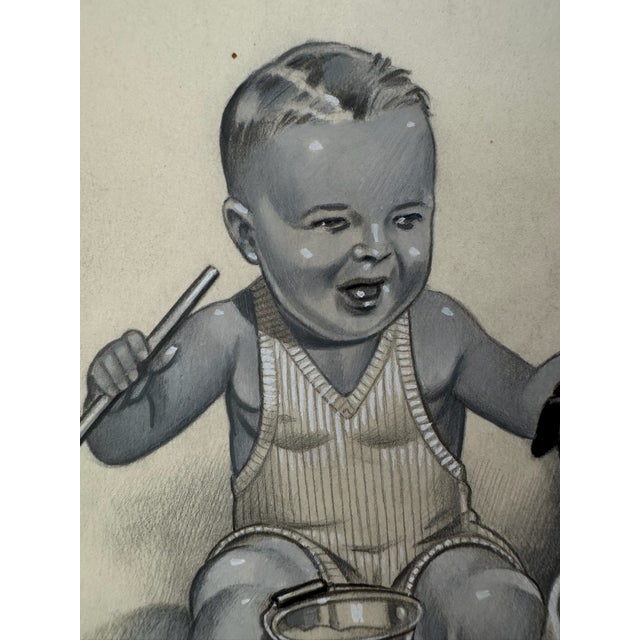 Original graphite pencil drawing by American artist and illustrator Theodore E. Schrock (1879–1952), depicting a smiling...