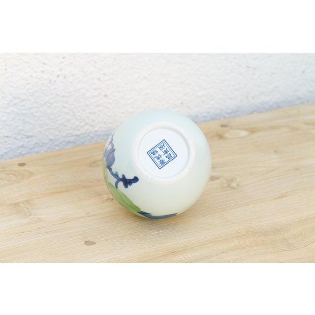 Hand-Painted Green & Blue Porcelain Vase For Sale - Image 4 of 7