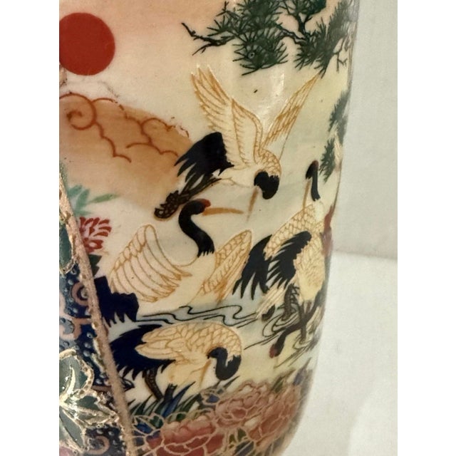 Satsuma Vintage Chinese Satsuma Moriage Vase Hand Painted Cranes Floral Gold Gilt Set For Sale - Image 4 of 12