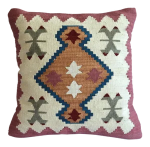 Hand Woven Silk Pillow Cover Traditional Turkish Kilim Pattern Throw Pillow - 16″ X 16″