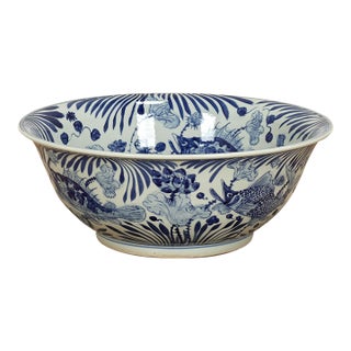 Large Chinese Blue and White Porcelain Fish Bowl For Sale