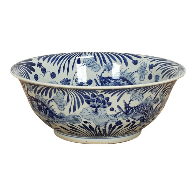 Large Chinese Blue and White Porcelain Fish Bowl For Sale