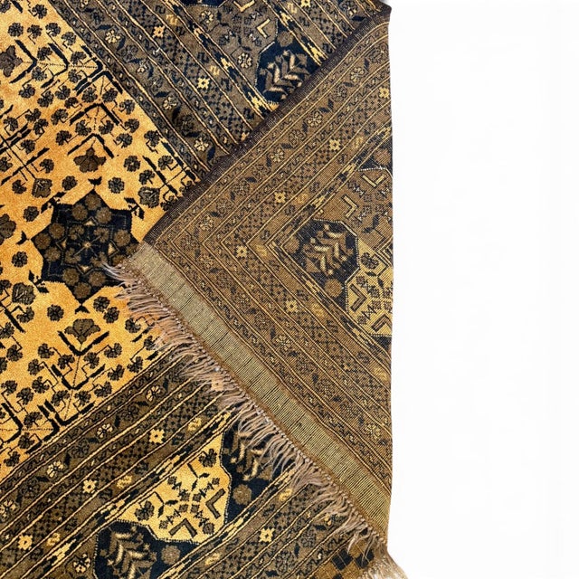 Vintage Afghan Rug 9x10 – 8-Point Star Motif in Golden Beige, Brown & Blue For Sale - Image 4 of 5