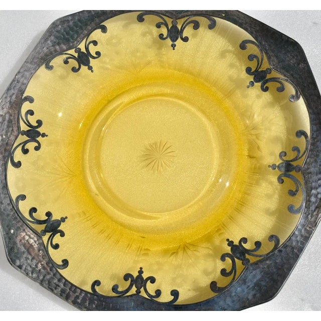 Gold Antique Shaped Amber Etched & Cut Glass Decorative Plate W/Silver Overlay For Sale - Image 8 of 13