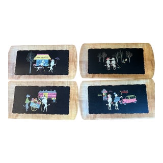 1950s Signed Kentley "The Romance of Fifi and Pepe" Full Set(4) Wooden Tray For Sale