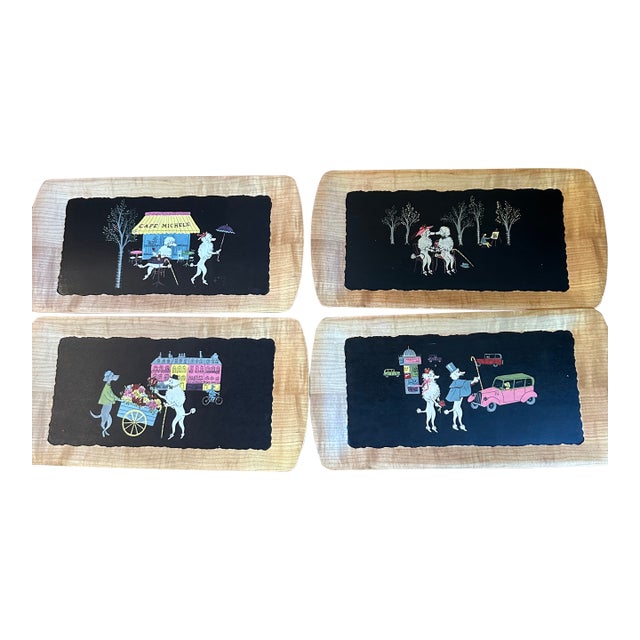 1950s Signed Kentley "The Romance of Fifi and Pepe" Full Set(4) Wooden Tray For Sale