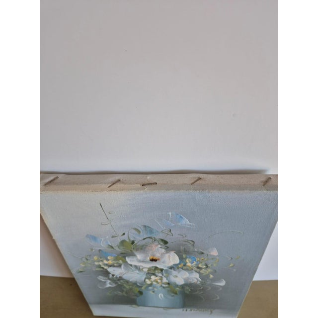 American Vintage Original Painting on Canvas Floral Blue White Green Unframed Signed For Sale - Image 3 of 8
