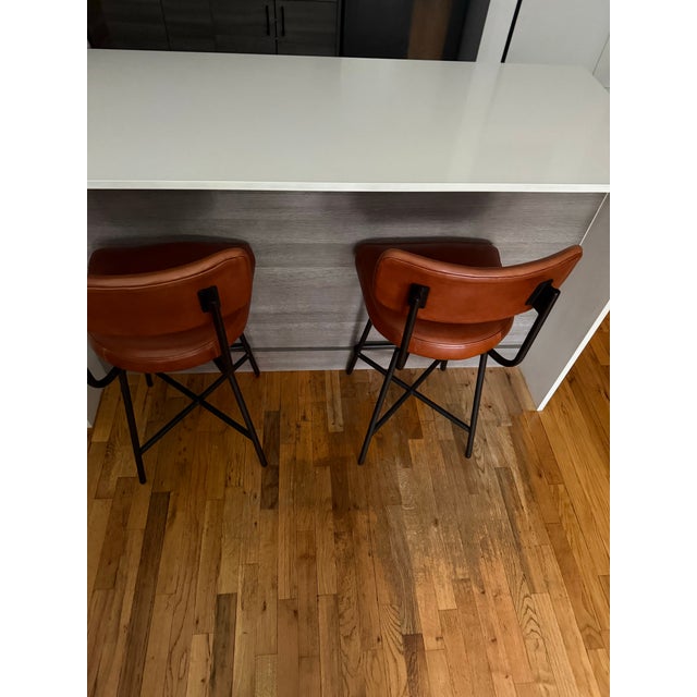 Modern West Elm Slope Leather Swivel Counter Stools / Bar Stools For Sale - Image 3 of 12