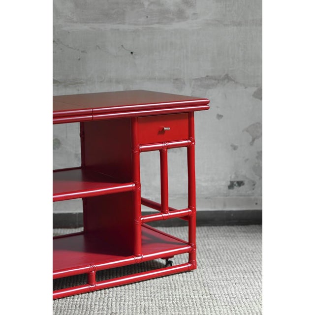 Bamboo Cart Server in China Red Lacquer by Lyda Levi for McGuire, San Francisco, 1970s For Sale - Image 4 of 10
