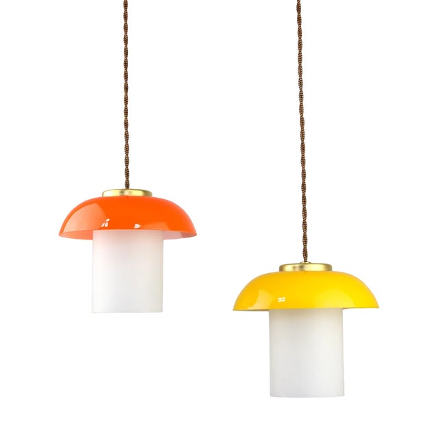 Mid-Century Glass and Brass Mushroom Pendant Lamps, Set of 2 For Sale