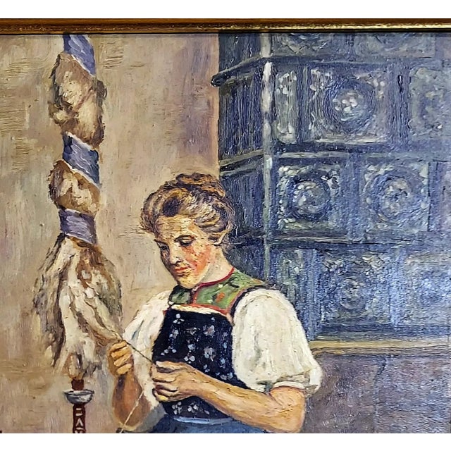 Mid 20th Century R. Jauch, “Woman Spinning Wool,” Oil on Panel, C. 1950s For Sale - Image 5 of 5