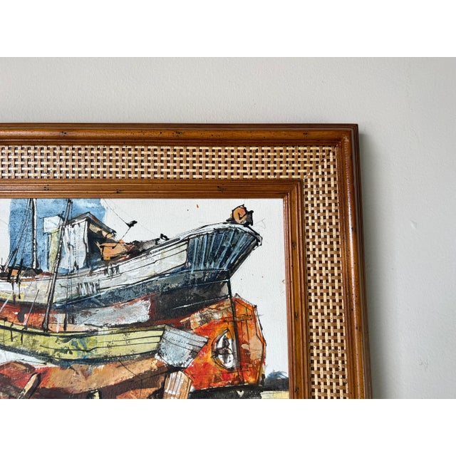 Vintage Boat in Harbor Oil Painting, Signed For Sale In Miami - Image 6 of 12
