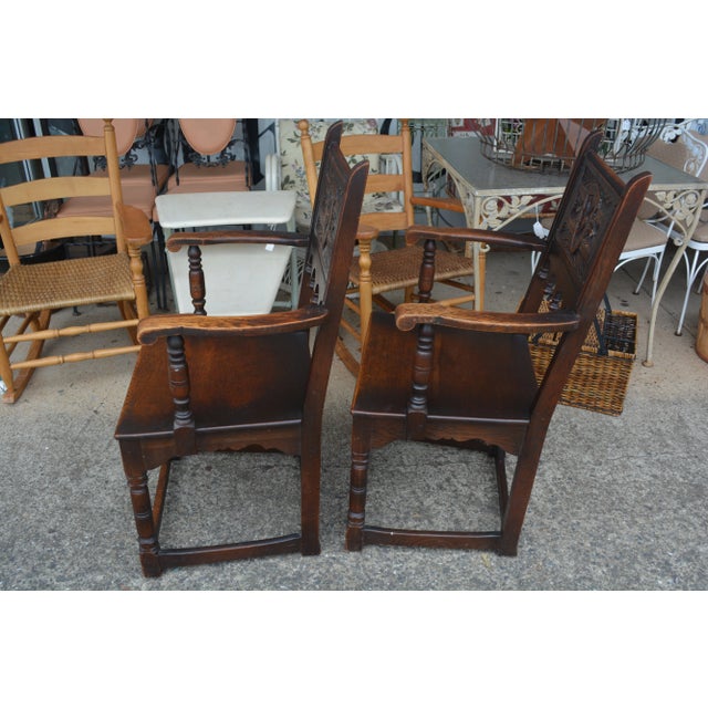 1940s Vintage Carved Pair of j.e. Ware Furniture Wainscot Wood Side / Dining Chairs Medieval / Thrones For Sale - Image 11 of 16