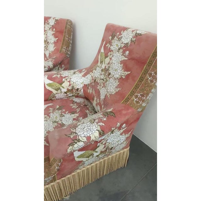 Upholstered Slipper Lounge Chairs Depicting Pheasants and Peon, Set of 2 For Sale - Image 12 of 13