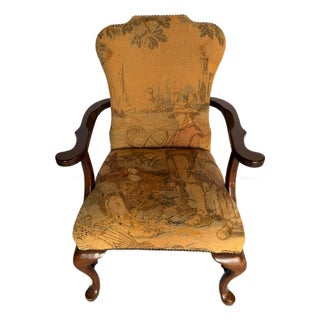 Antique English Armchair With Scenic Upholstery For Sale