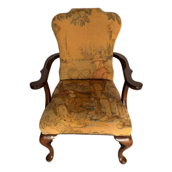 Antique English Armchair With Scenic Upholstery For Sale