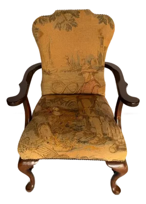 Antique English Armchair With Scenic Upholstery