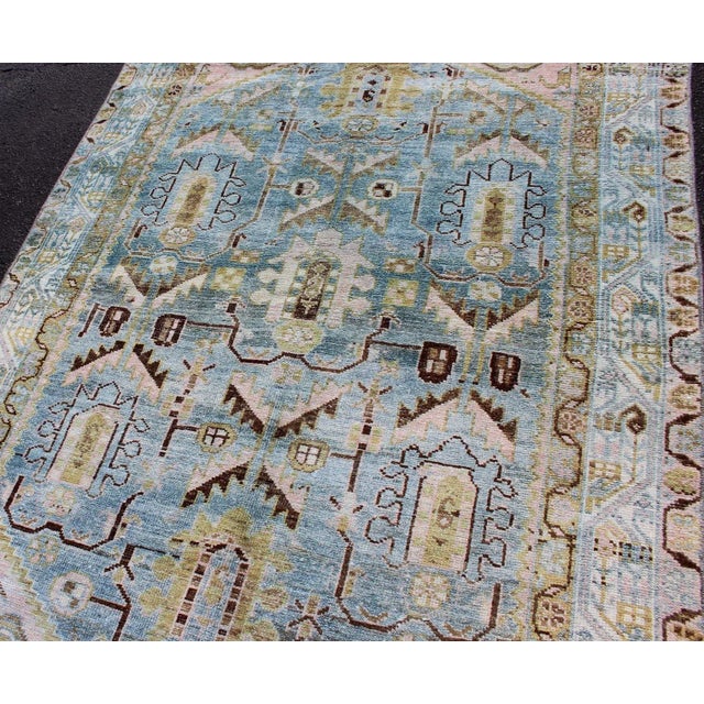 Antique Geometric Design Persian Malayer Rug in Light Blue, Pink, and Green For Sale In Atlanta - Image 6 of 13