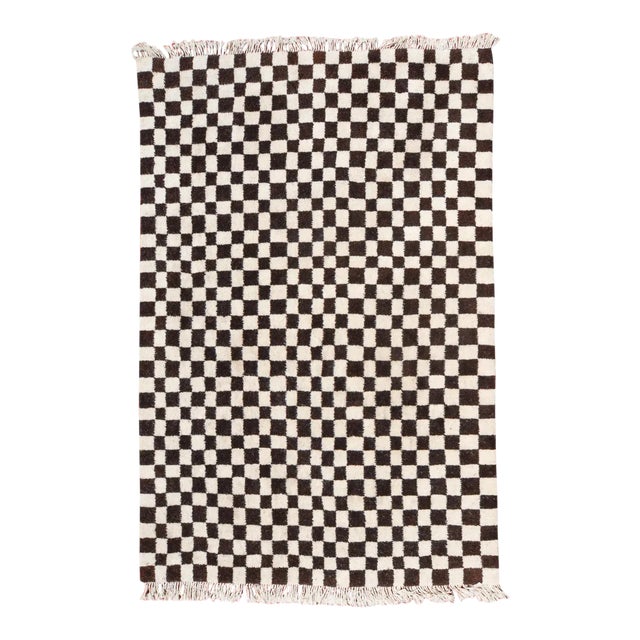 Dark Brown & White Checkered Moroccan Wool Area Rug - 8x10 For Sale