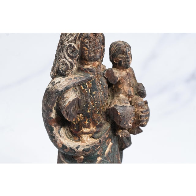 19th Century Carved Wood Madonna With Child Painted Polychrome Santos Statue Sculpture For Sale - Image 5 of 14