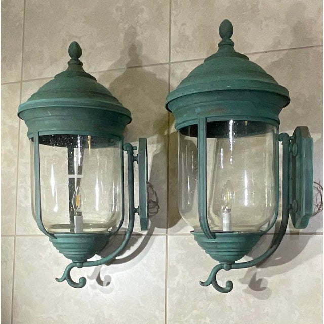 1970s Pair of Vintage Solid Brass Wall Lanterns /Sconces 26”x 12” X13” For Sale - Image 5 of 15