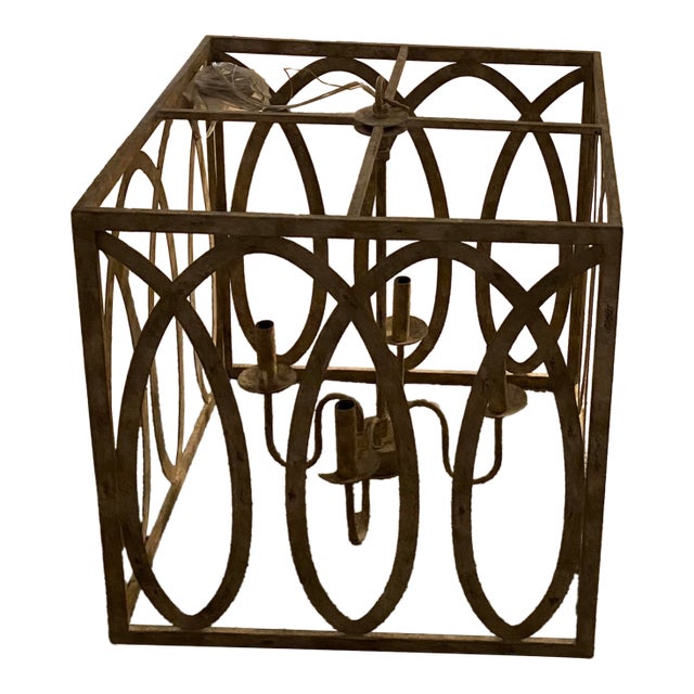 Terracotta Designs Palma Linear Large Lantern Chandelier – Square Open-Frame, Distressed Gold, With 4 Lights For Sale