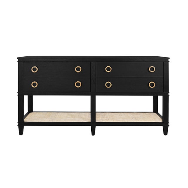 Black Matthew Izzo Home - Richmond Black Oak Four Drawer Console With Brass Hardware and Open Cane Shelf For Sale - Image 8 of 8
