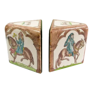 Pair of Packard and Ord Tiled Bookends Canterbury Tales Hand Painted Circa 1940's