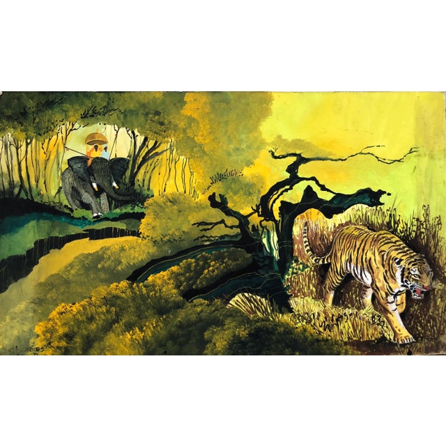 1960s Signed Gouache Painting "Tiger Hunt" For Sale - Image 9 of 10
